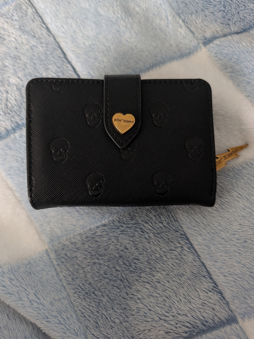 Betsey Johnson Black Embossed Skull Wallet with Heart Snap